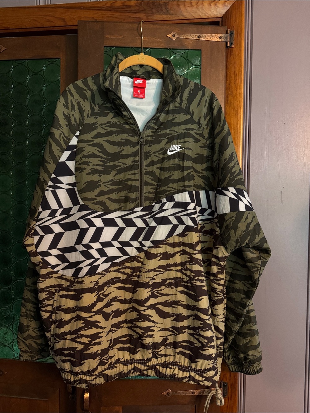 Nike Olive & Brown Tiger Camo Half-Zip Windbreaker with Black & White Graphic